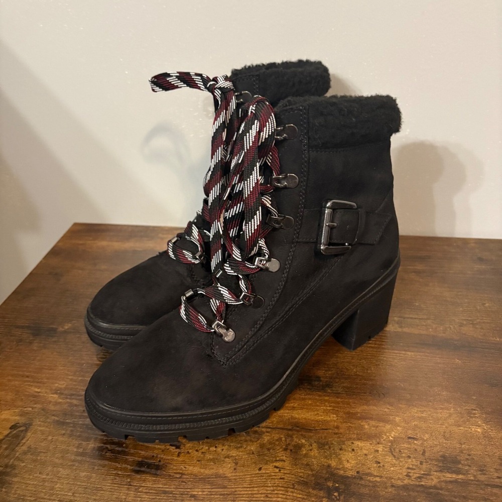NWOT Jellypop Brandi Black Faux Suede Sherpa Trim Heeled Combat Boot (Women's 9)